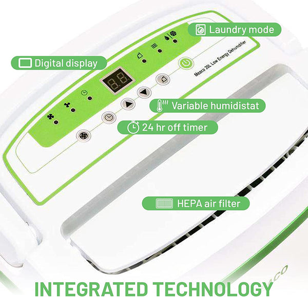 Meaco 20L Low Energy Dehumidifier and Air Purifier 2 in 1- Dehumidifier For Medium to Large Size Homes - Controls Humidity & Cleans Air All Year Round with HEPA filter [Energy Class A] [Energy Class A]